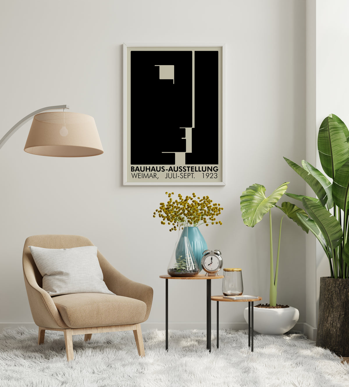 Bauhaus-Ausstellung Weimar 1923 poster displayed in a modern living room