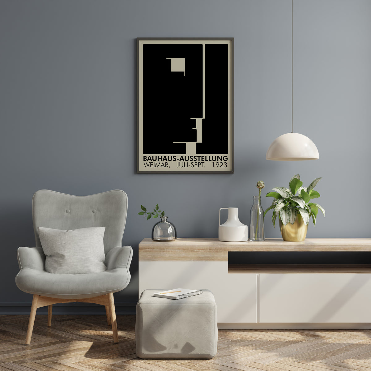 Bauhaus-Ausstellung Weimar poster displayed on a grey wall above a console table in a modern living room