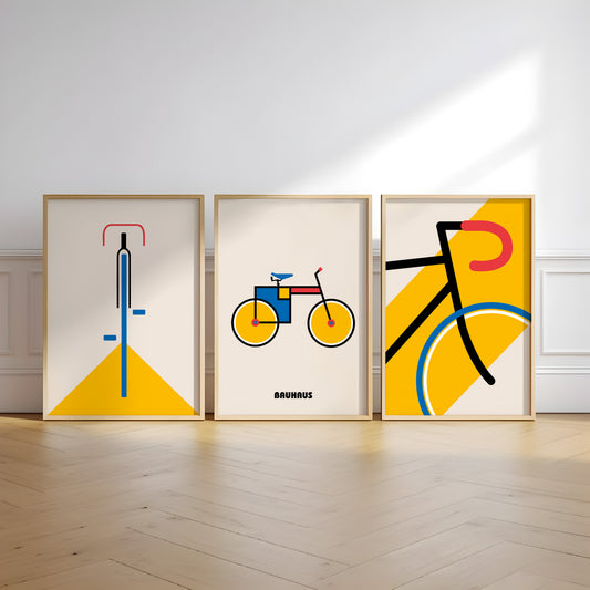 Geometric Bauhaus bicycle illustration with bold lines and primary colors