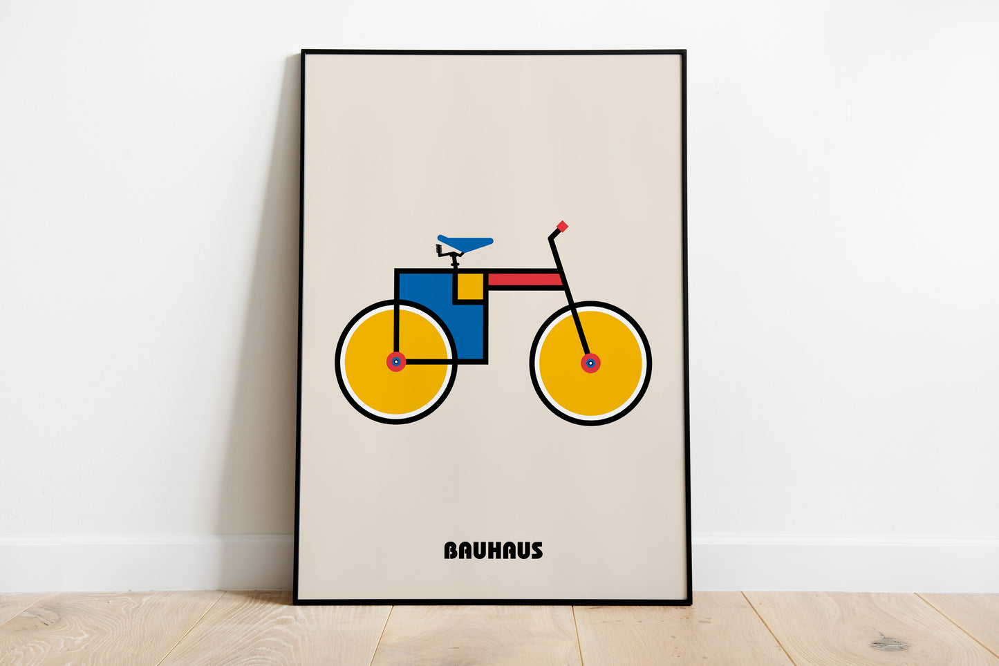 Mid century inspired Bauhaus bicycle art with playful geometric balance