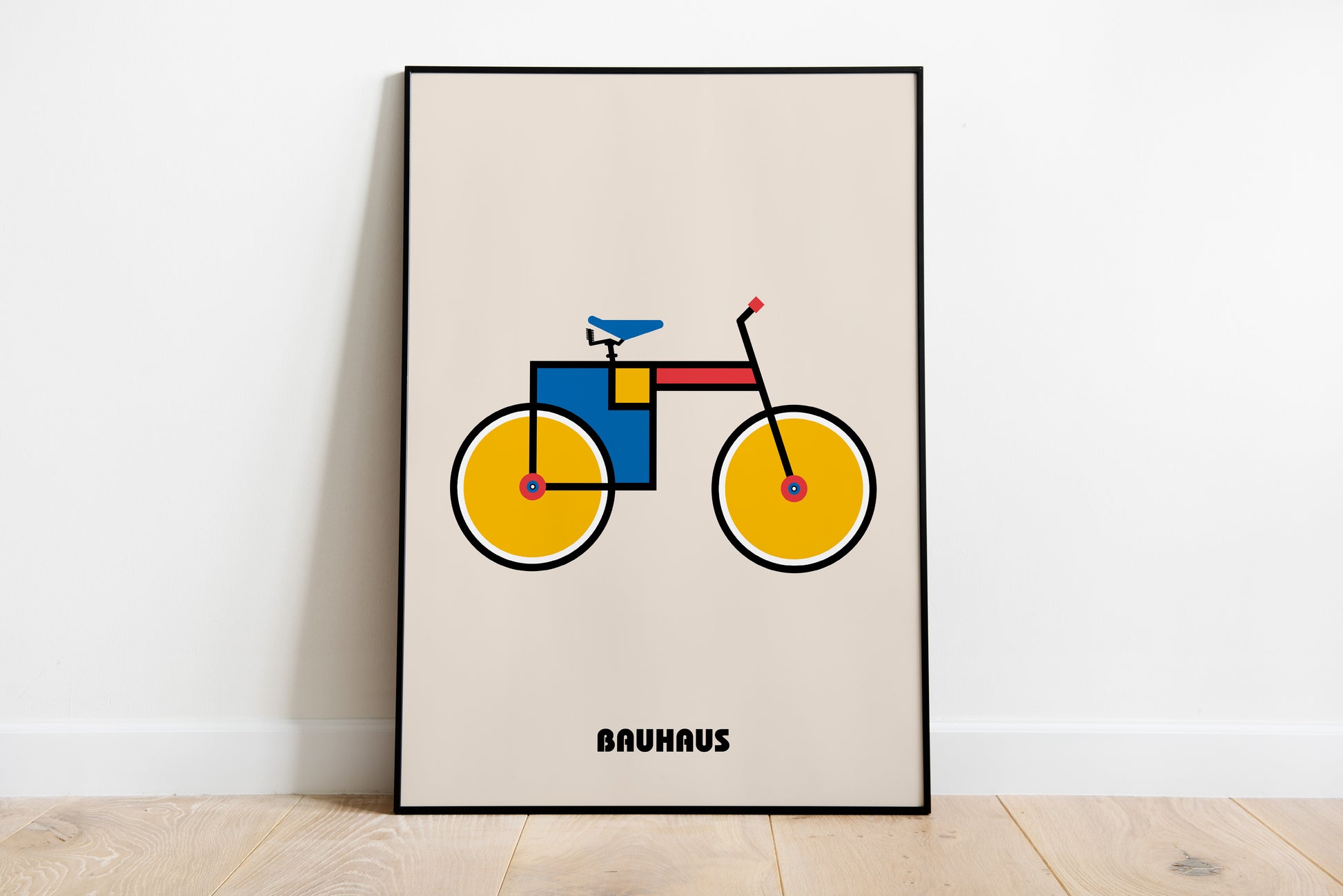 Mid century inspired Bauhaus bicycle art with playful geometric balance