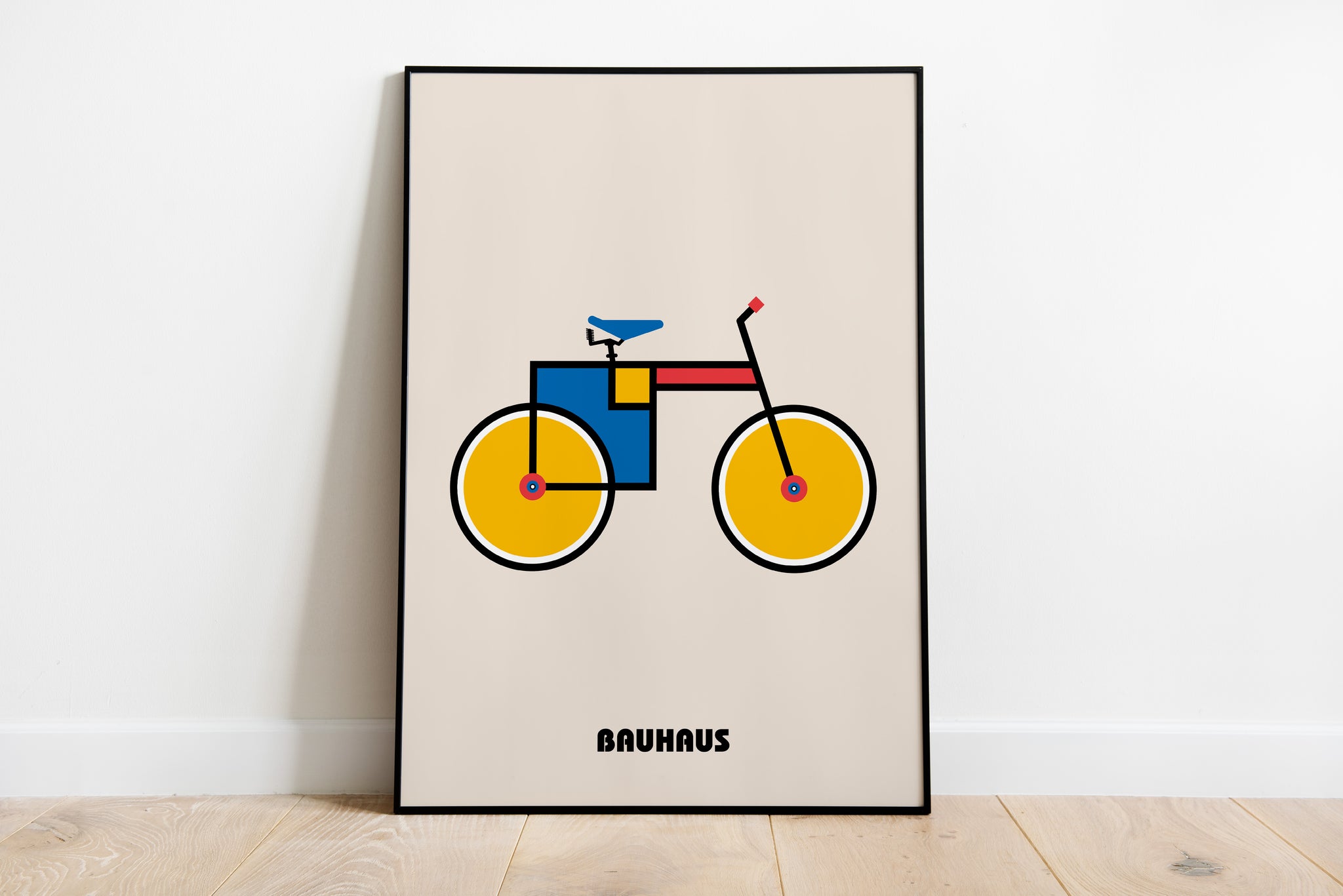 Mid century inspired Bauhaus bicycle art with playful geometric balance