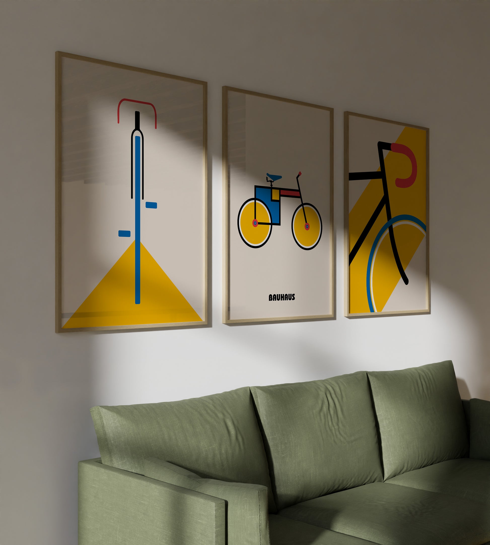Minimalist Bauhaus bicycle illustration with bold yellow and blue accents