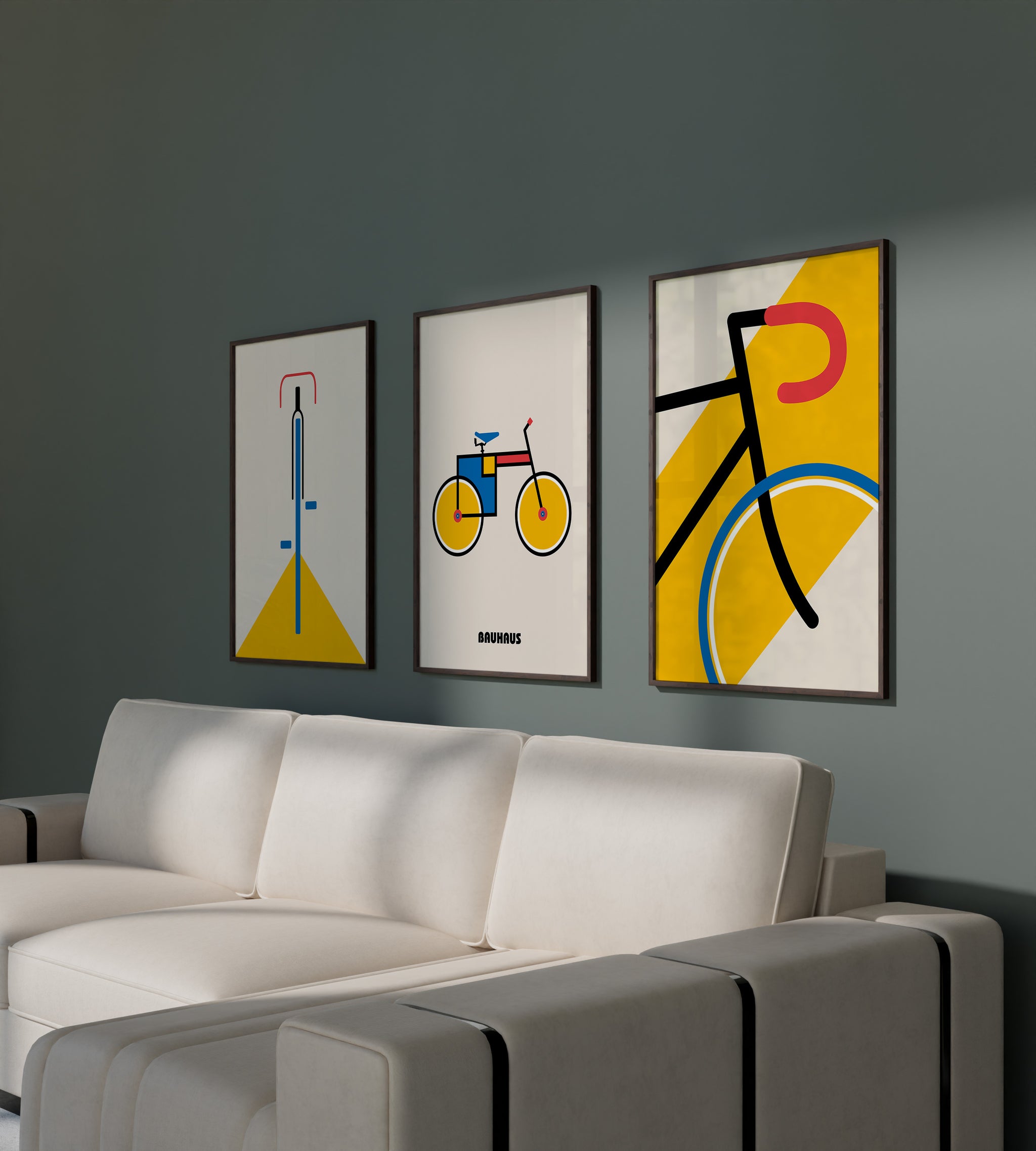 Geometric Bauhaus bike artwork with strong black lines and color blocks