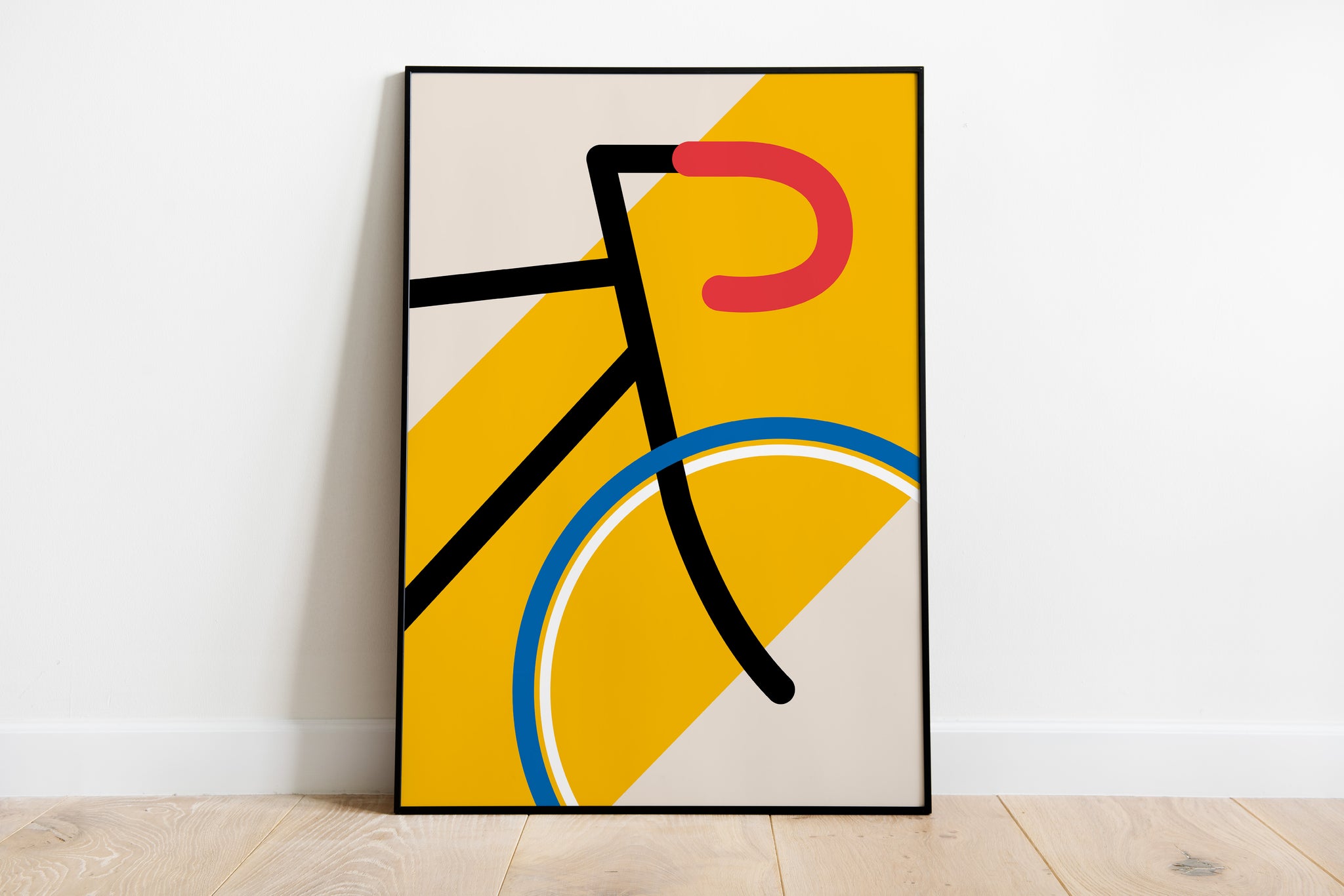 Graphic Bauhaus bicycle illustration with minimal shapes and cream background