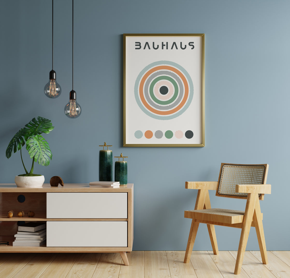 Bauhaus-inspired poster featuring concentric circles with varied textures in pastel orange, green, and teal, with the word 'BAUHAUS' at the top and a color palette strip at the bottom