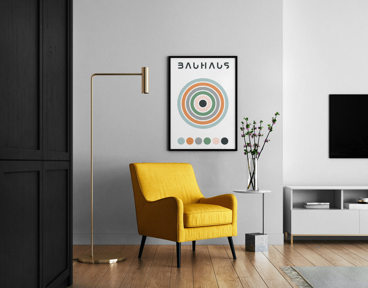 Bauhaus-inspired poster featuring concentric circles with varied textures in pastel orange, green, and teal, with the word 'BAUHAUS' at the top and a color palette strip at the bottom