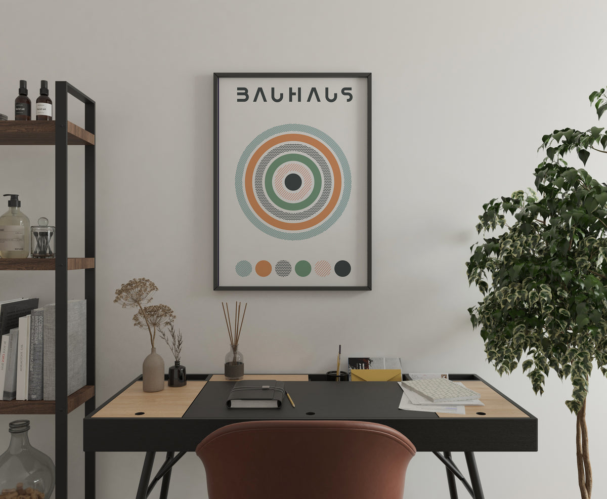 Bauhaus-inspired poster featuring concentric circles with varied textures in pastel orange, green, and teal, with the word 'BAUHAUS' at the top and a color palette strip at the bottom