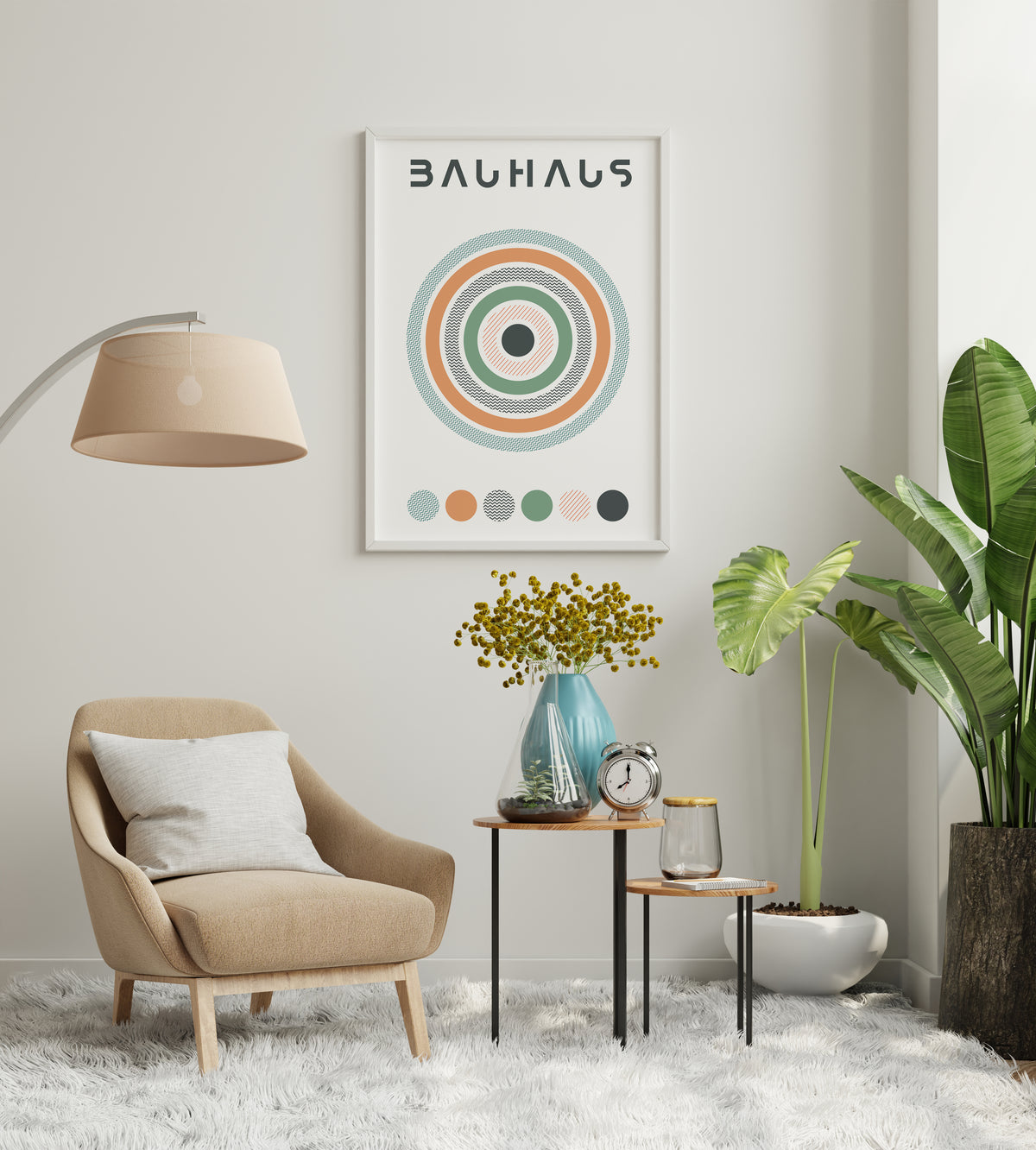 Bauhaus-inspired poster featuring concentric circles with varied textures in pastel orange, green, and teal, with the word 'BAUHAUS' at the top and a color palette strip at the bottom