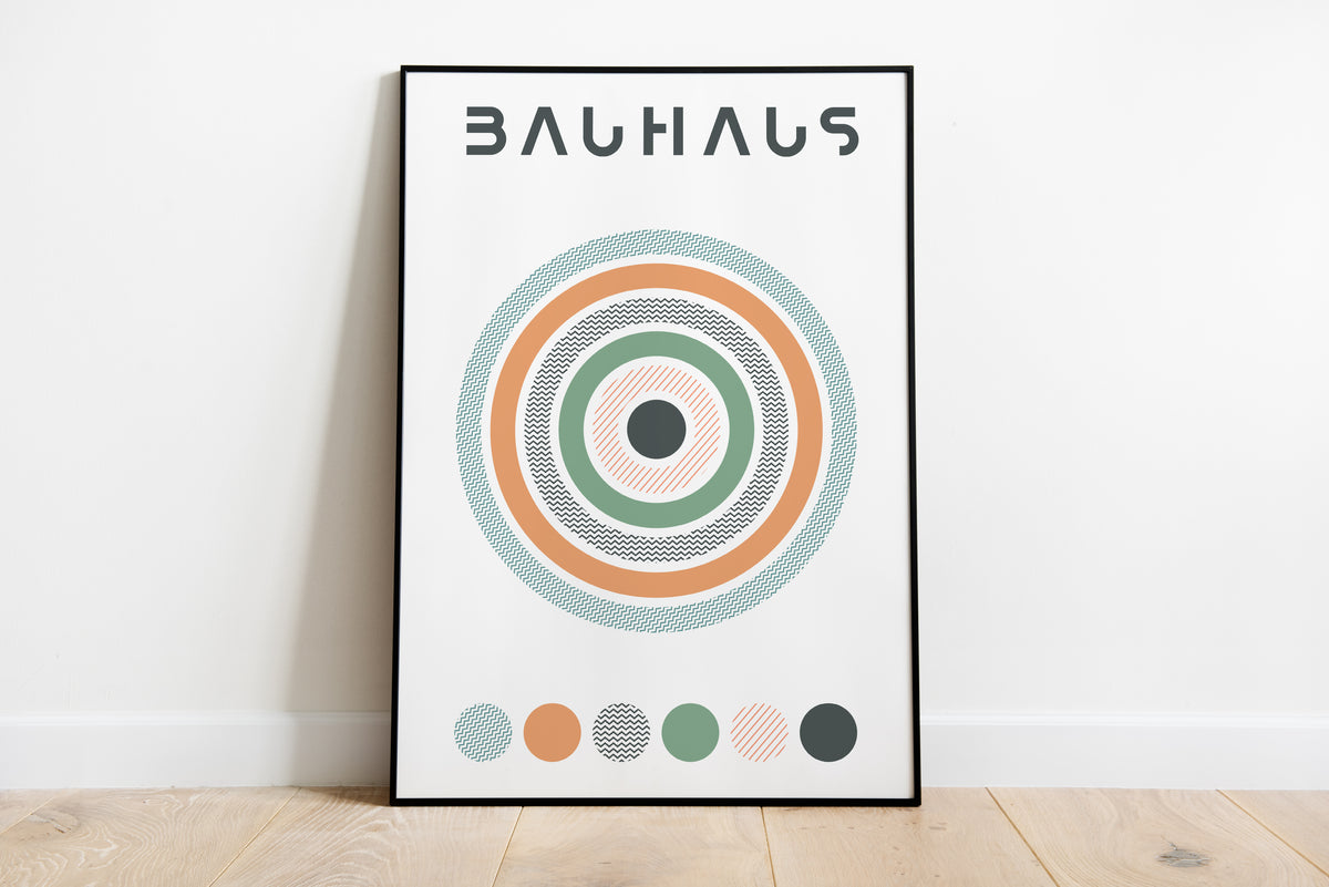 Bauhaus-inspired poster featuring concentric circles with varied textures in pastel orange, green, and teal, with the word 'BAUHAUS' at the top and a color palette strip at the bottom