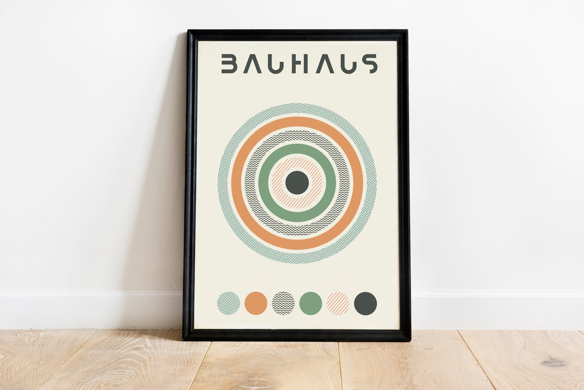 Bauhaus-inspired poster featuring concentric circles with varied textures in pastel orange, green, and teal.