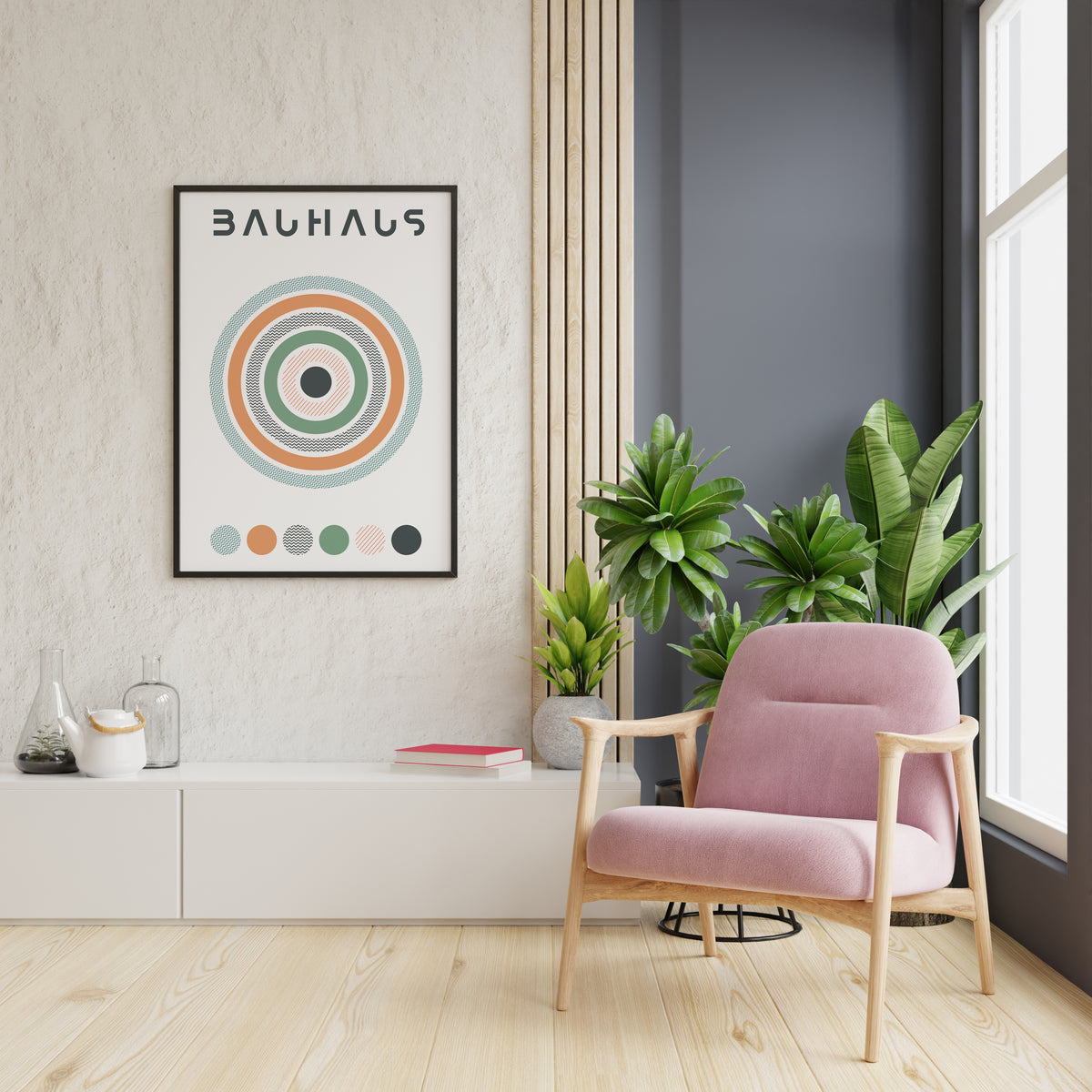 Bauhaus-inspired poster with concentric circles and pastel colors displayed in a frame on a wall above a console table in a modern living room