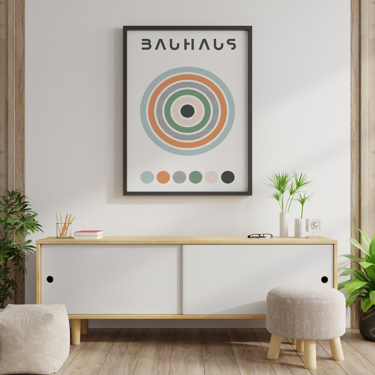 Bauhaus-inspired poster featuring concentric circles with varied textures in pastel orange, green, and teal, with the word 'BAUHAUS' at the top and a color palette strip at the bottom