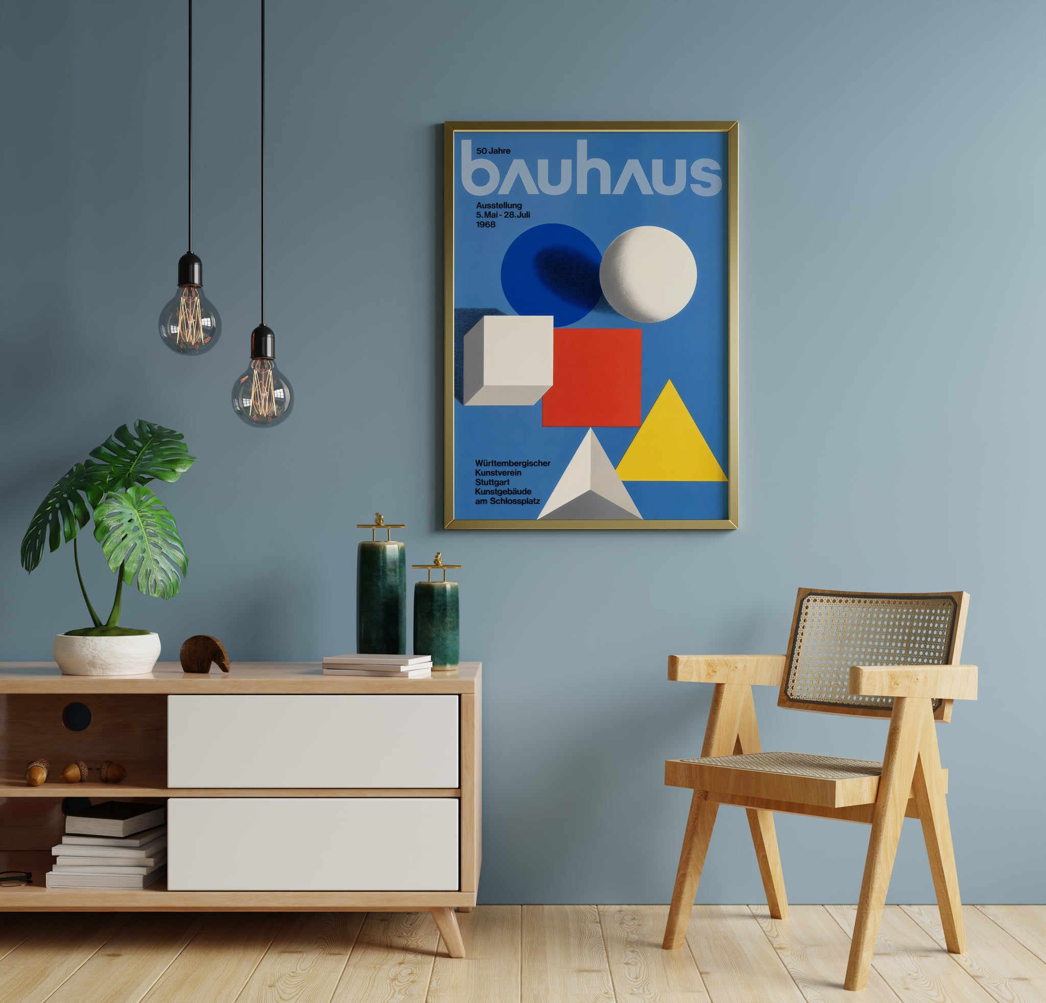Minimalist Bauhaus poster with cube sphere triangle and structured layout