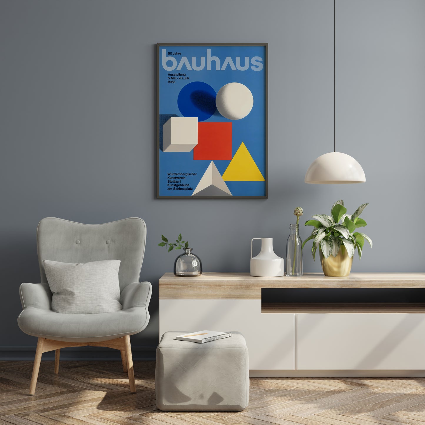 Bauhaus poster with red yellow blue shapes in clean geometric layout
