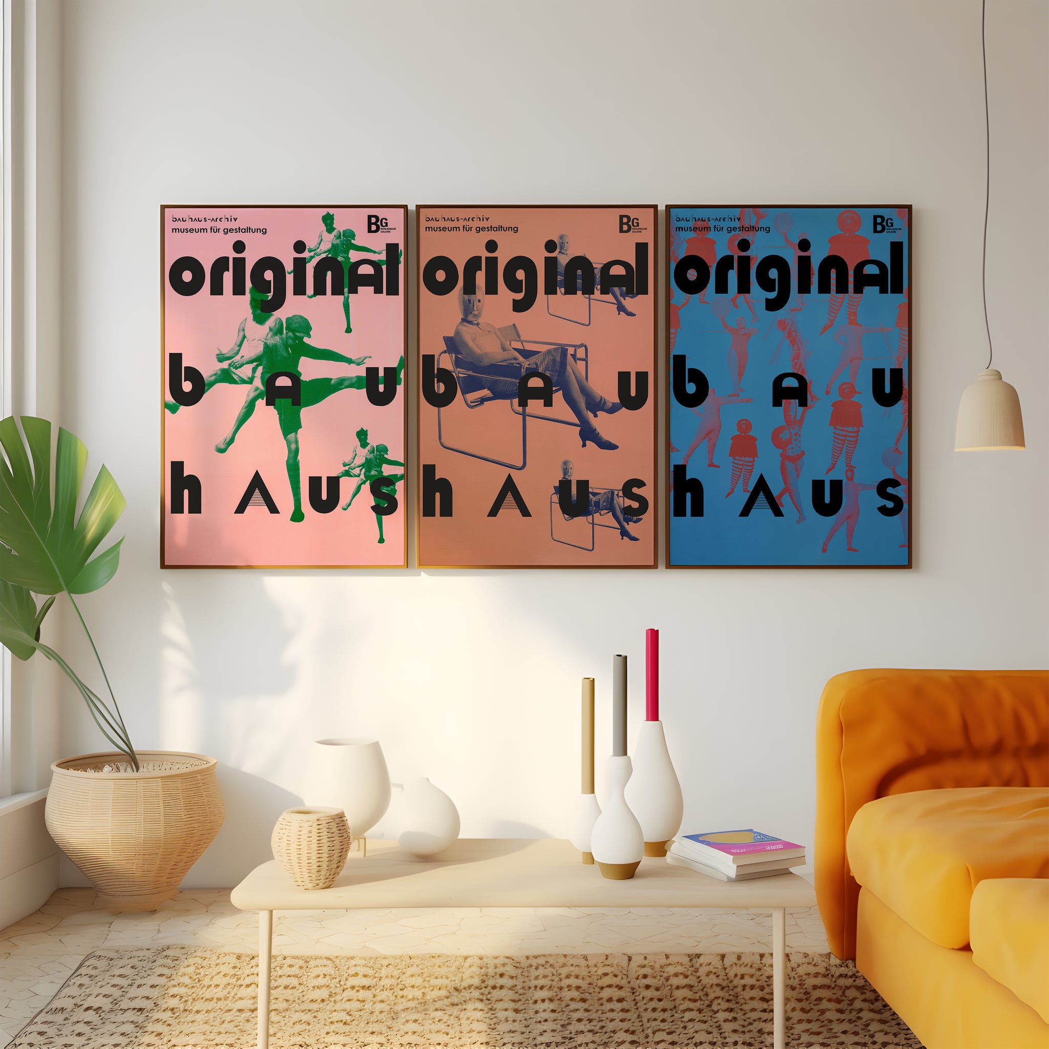 Bauhaus poster set with pink, coral and blue modernist artwork for living room wall art