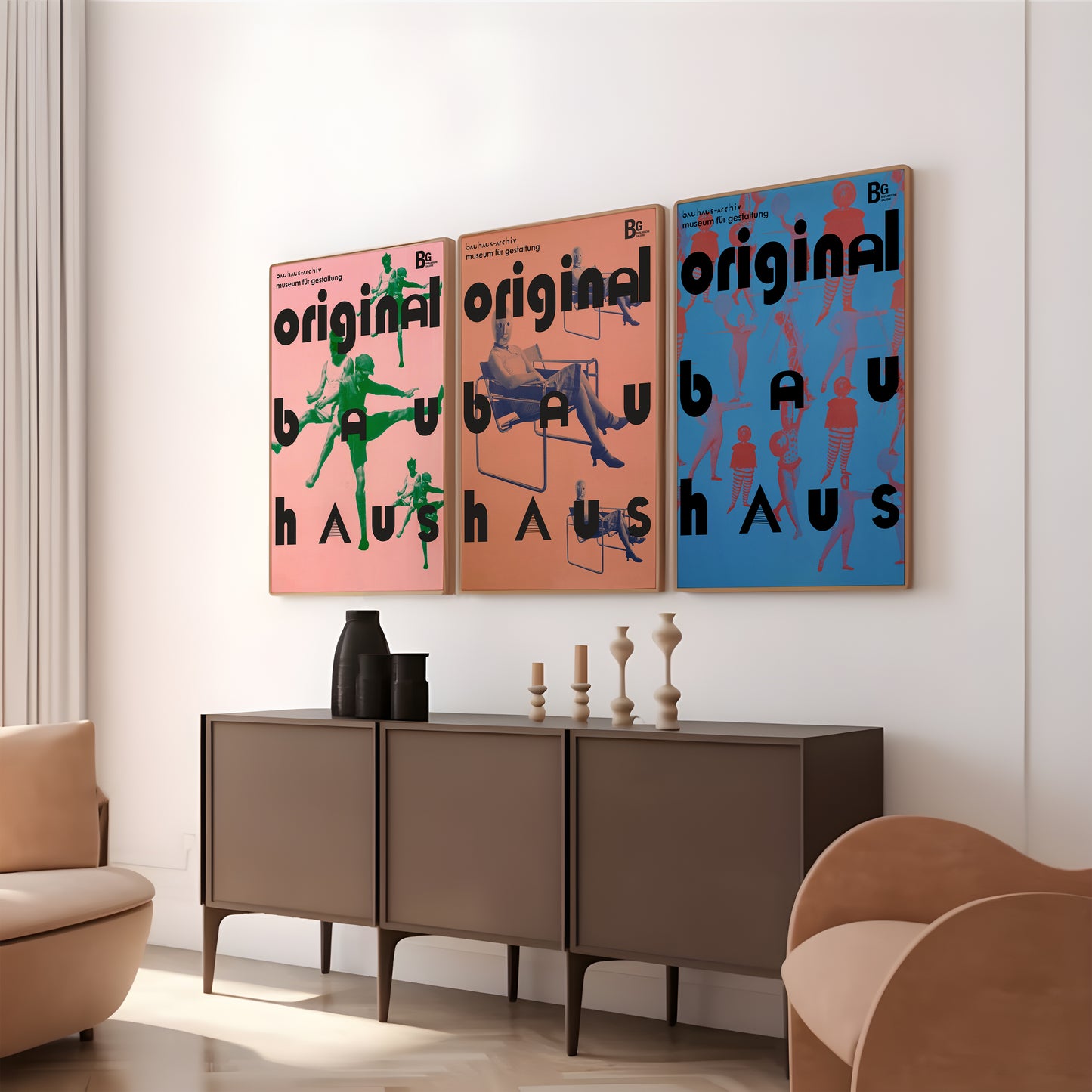 Bauhaus poster set with museum-style text and modernist figures for hallway wall art