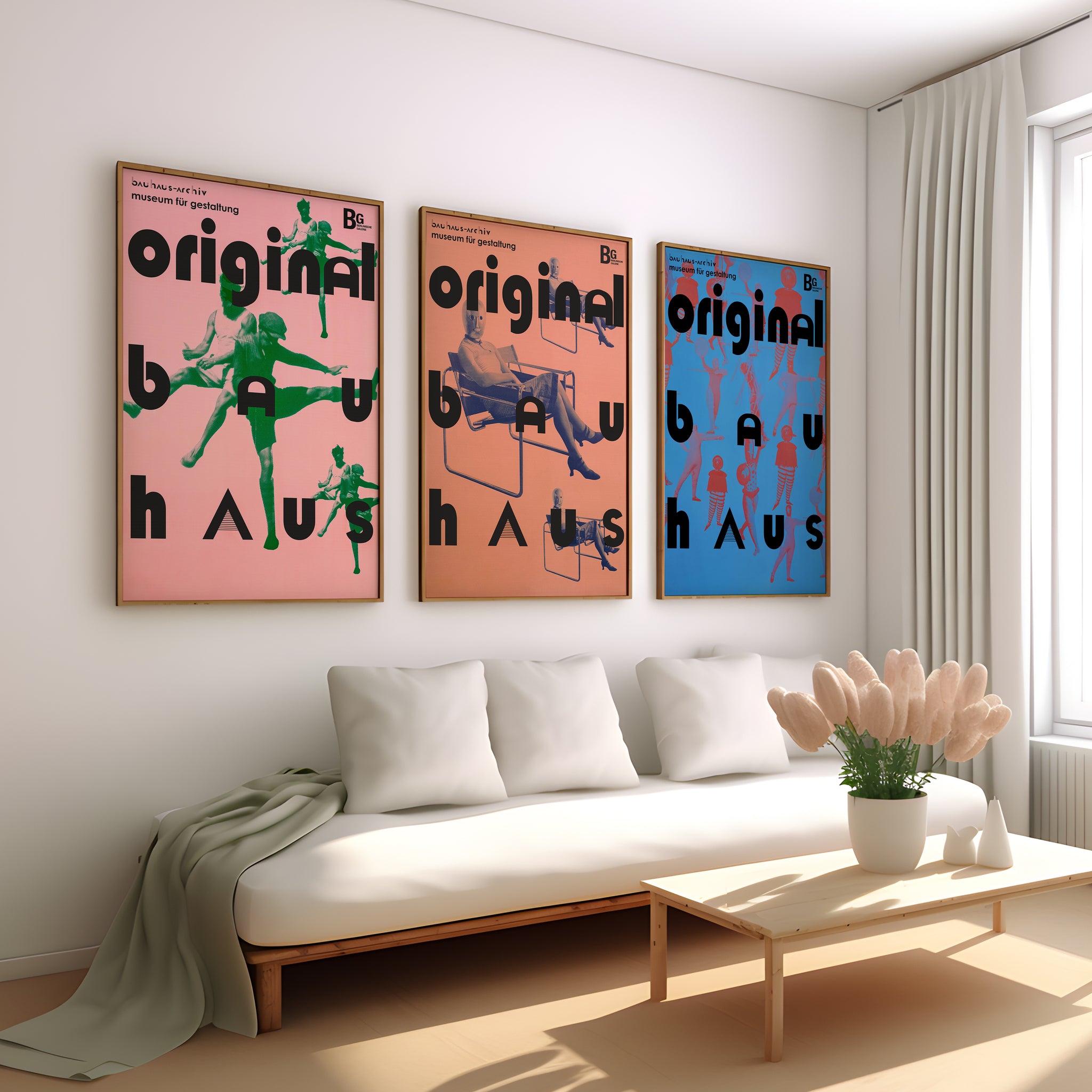 Bauhaus poster set with original typography and figure artwork for living room wall art