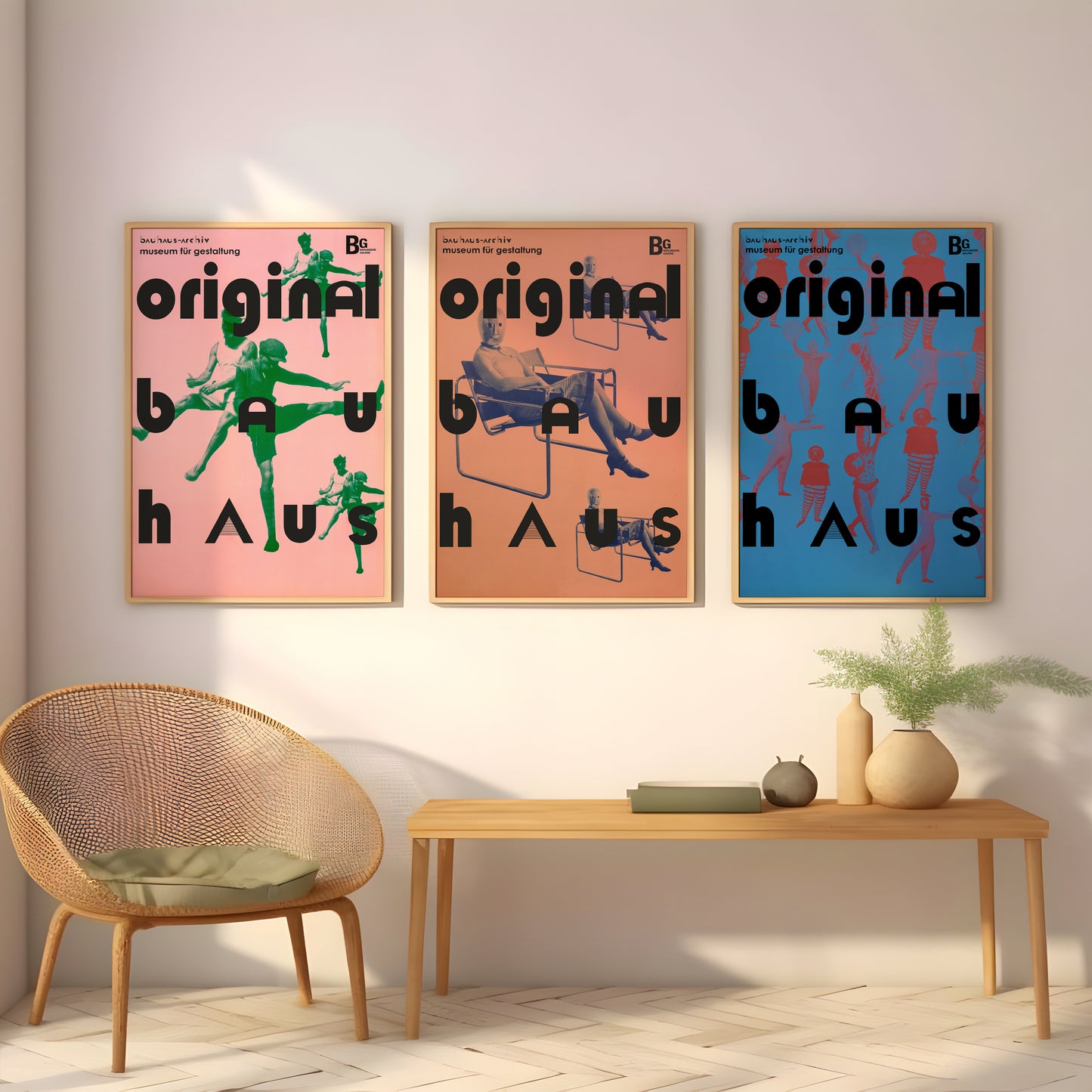 Bauhaus typography poster set with original text and colorful figures for living room wall art