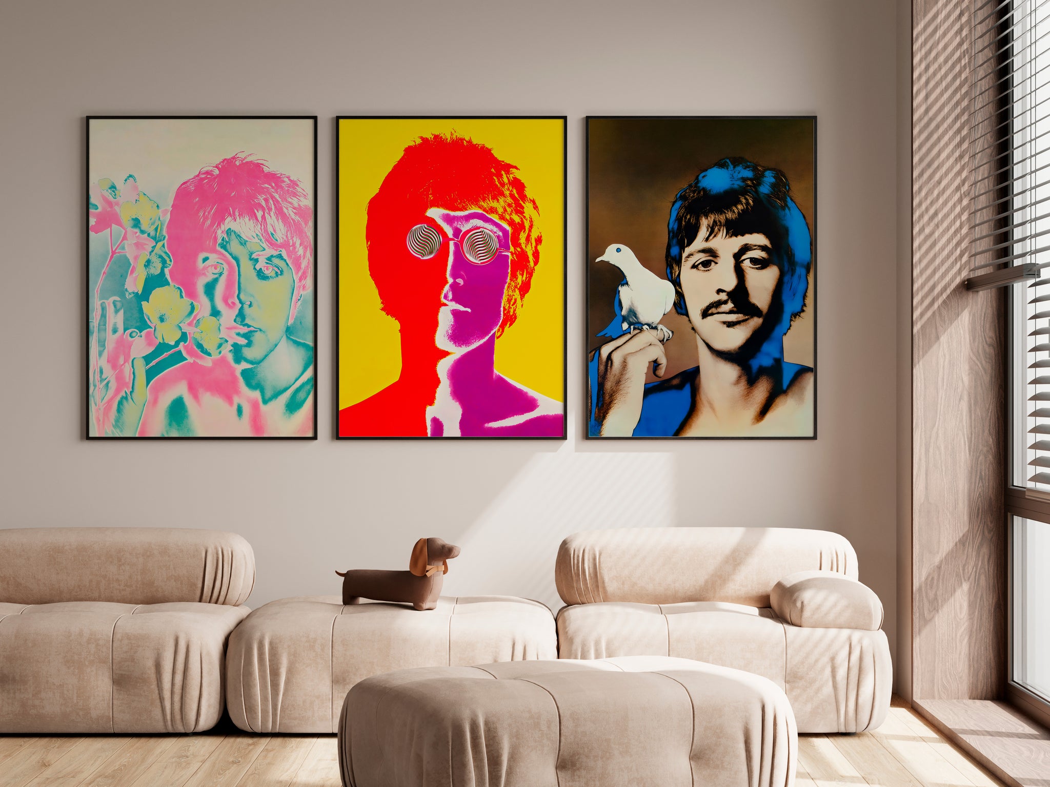 Beatles member poster set with three colorful pop-art portraits for a living room gallery wall