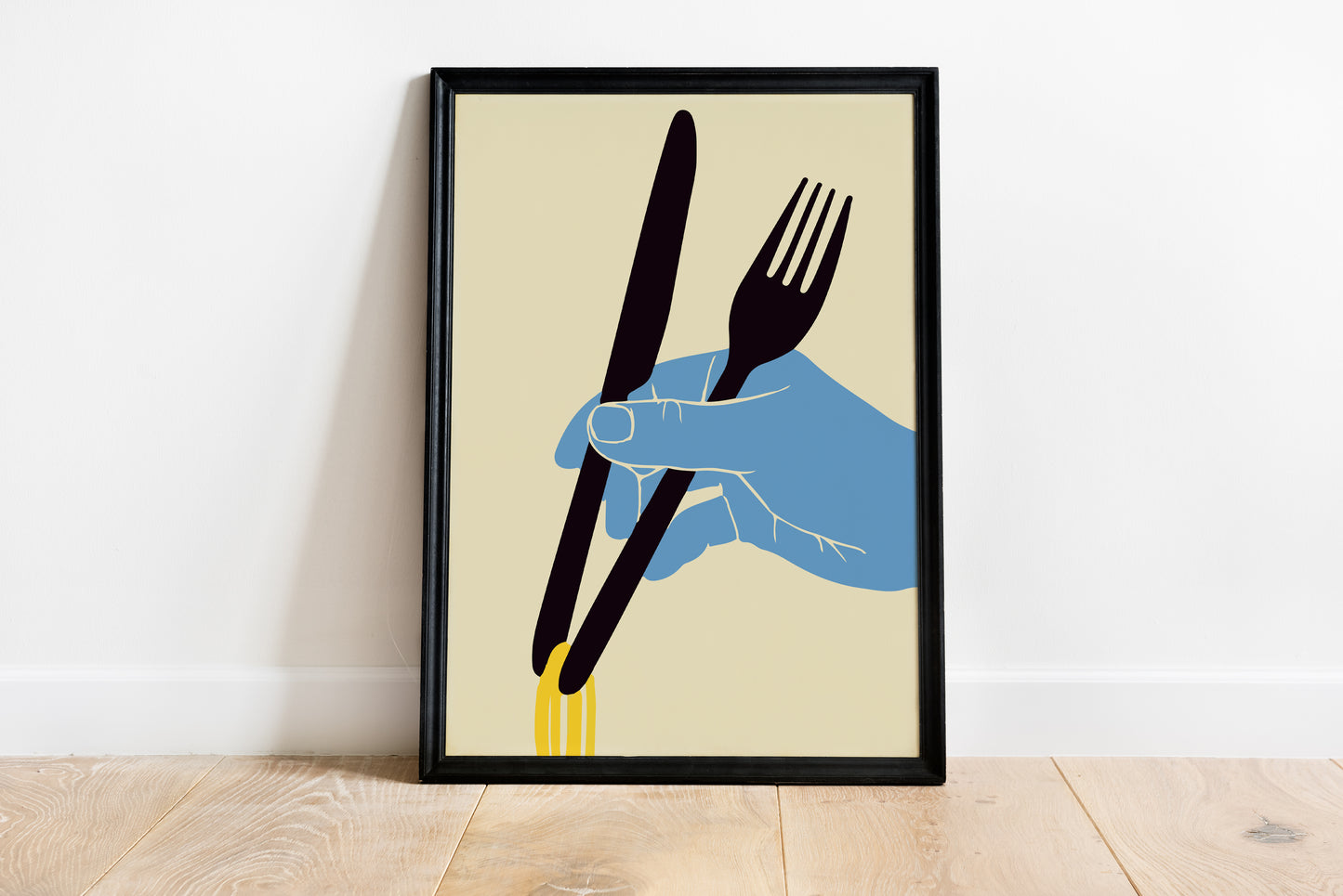 Close view of a minimalist noodles print with a blue hand holding a black fork and knife.