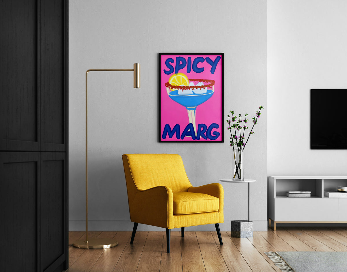 Margarita wall art with blue cocktail, ice cubes and lemon slice shown in a modern room
