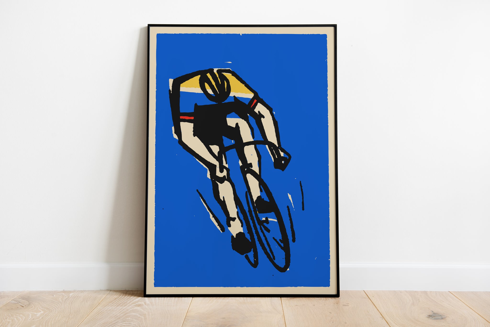 Blue road cycling poster with a single graphic bike racer for home office wall art