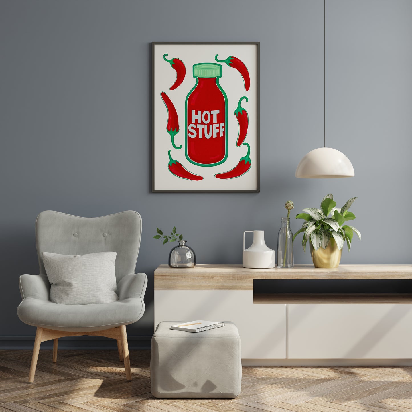 chili pepper food poster with red hot sauce bottle and clean white background