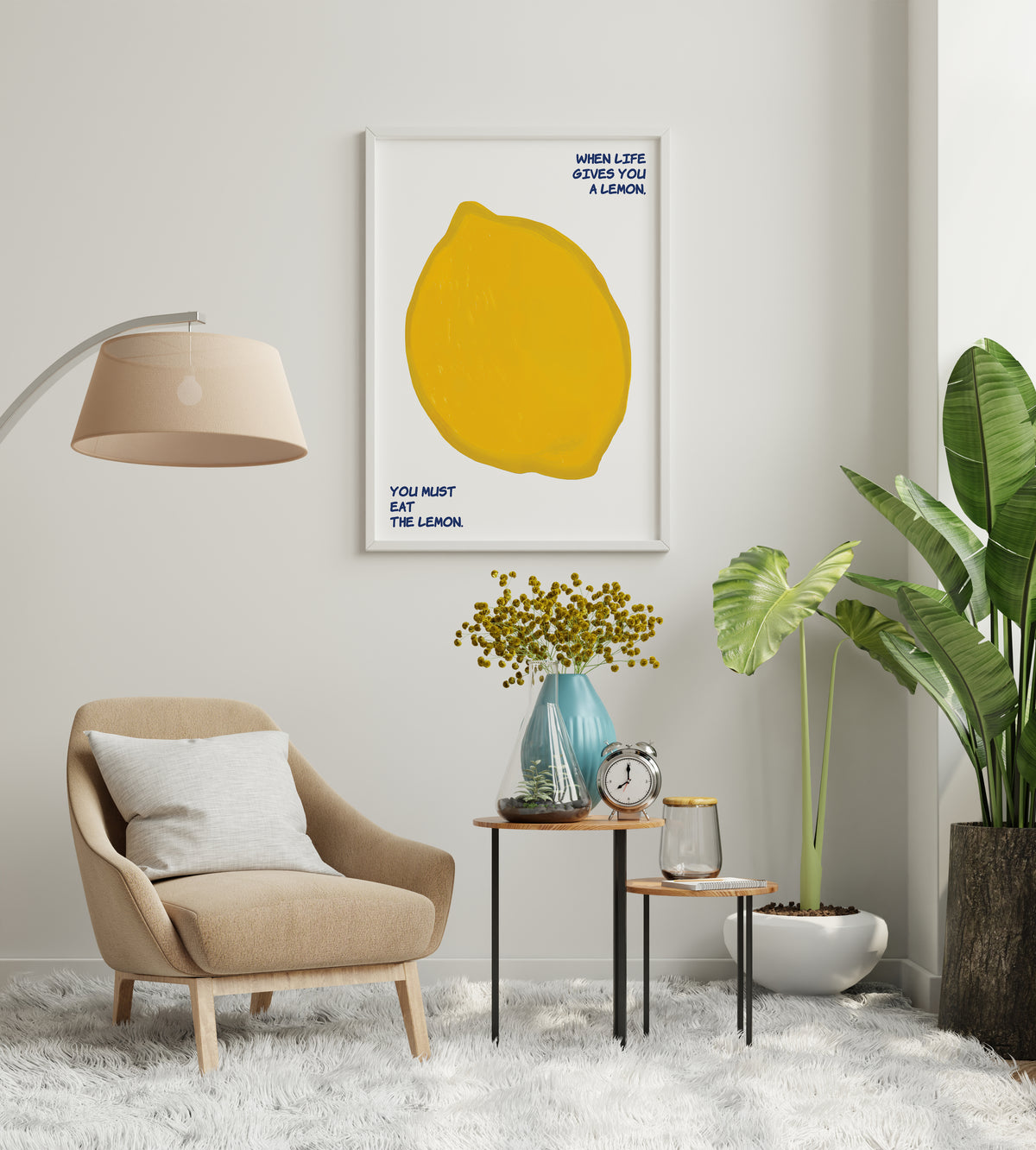 Bold lemon print featuring a large yellow fruit and playful text in a light room setting
