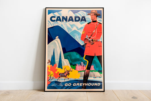 Canada travel poster with a red-coated Mountie, mountains, moose and Go Greyhound lettering