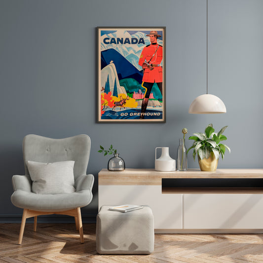 Canada travel print with a Mountie, moose and orange maple leaves for living room decor