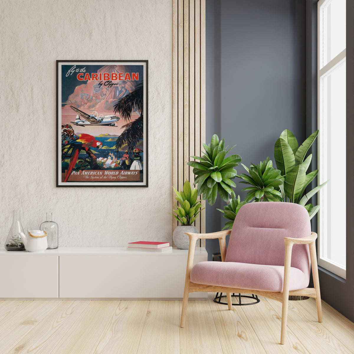 Pan American Caribbean poster with propeller plane, tropical coast and red macaw in a living room setting