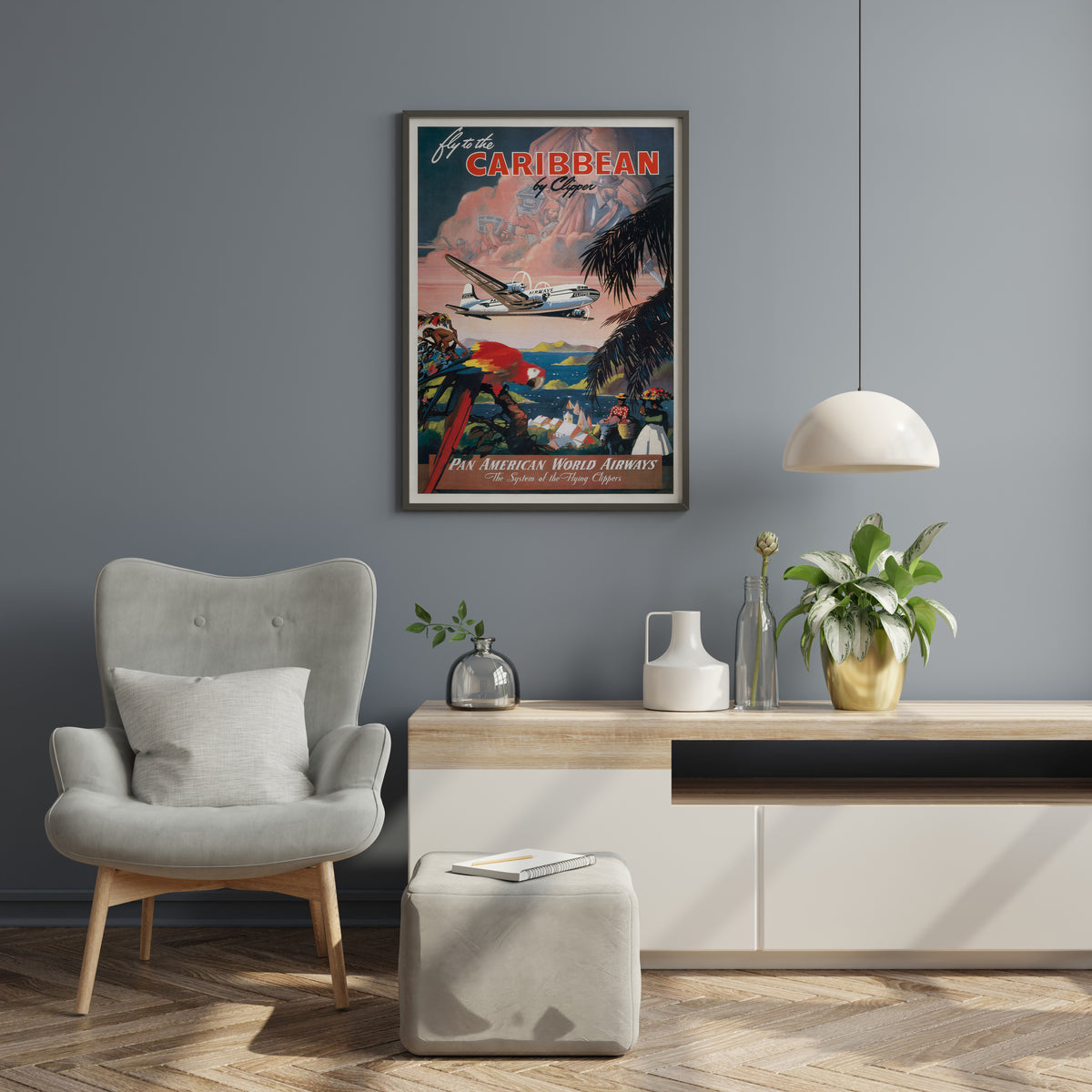 Pan American travel poster with tropical coastline, red macaw and clipper aircraft in a living room