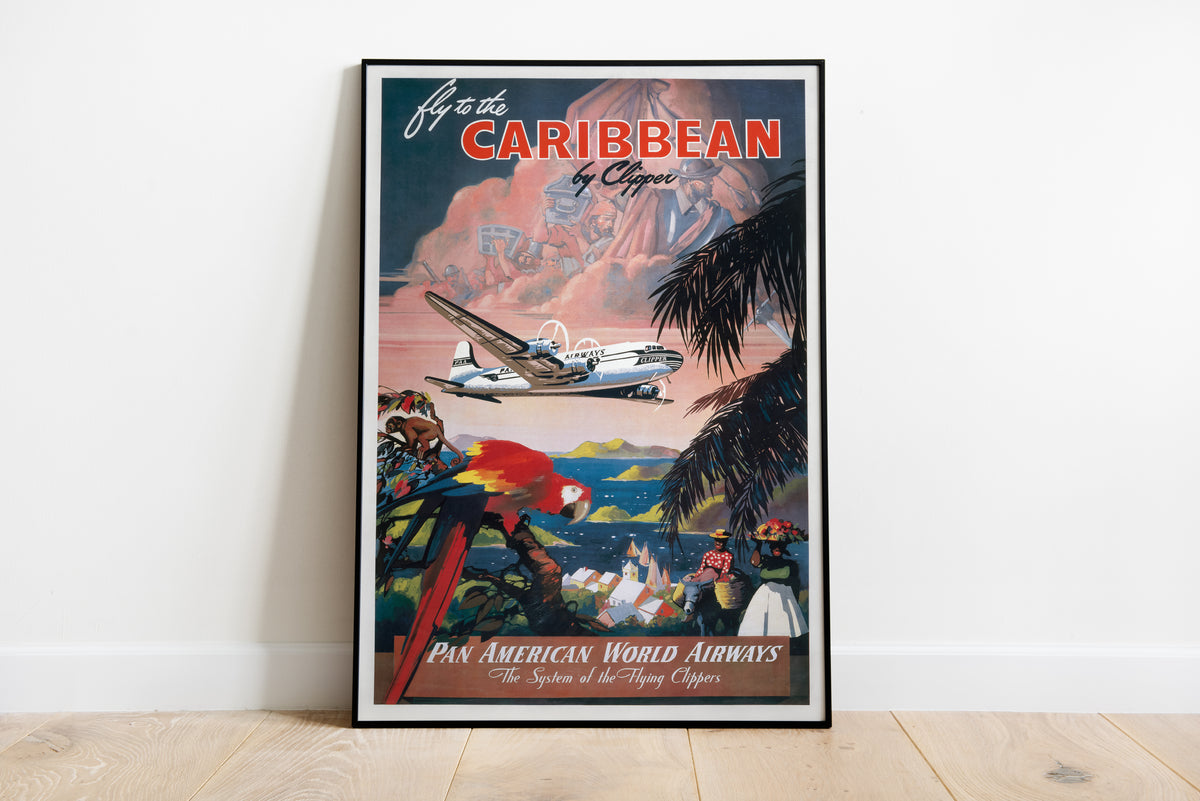 Caribbean vintage travel poster with propeller plane and tropical illustration in a living room