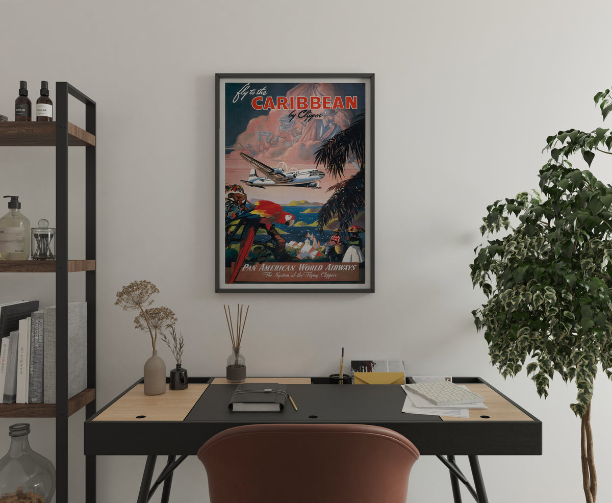 Pan American Caribbean poster with airline artwork and tropical scenery in a living room