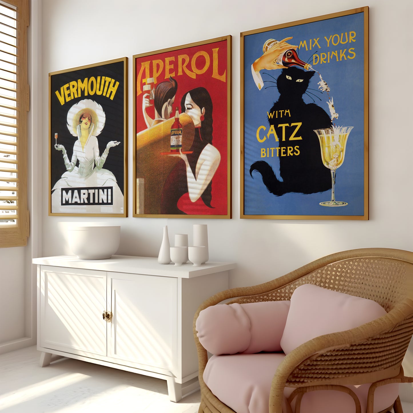 Catz Bitters cocktail poster set with Martini and Aperol artwork for home bar wall art