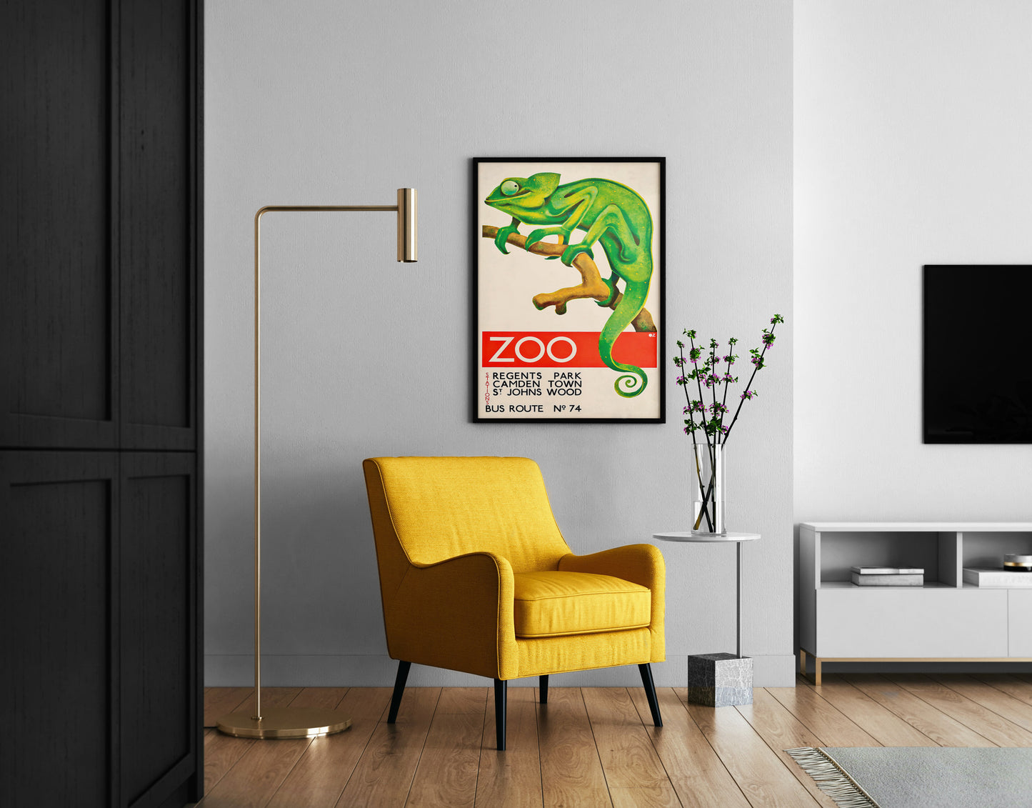 Chameleon print adding character to a modern reading corner wall