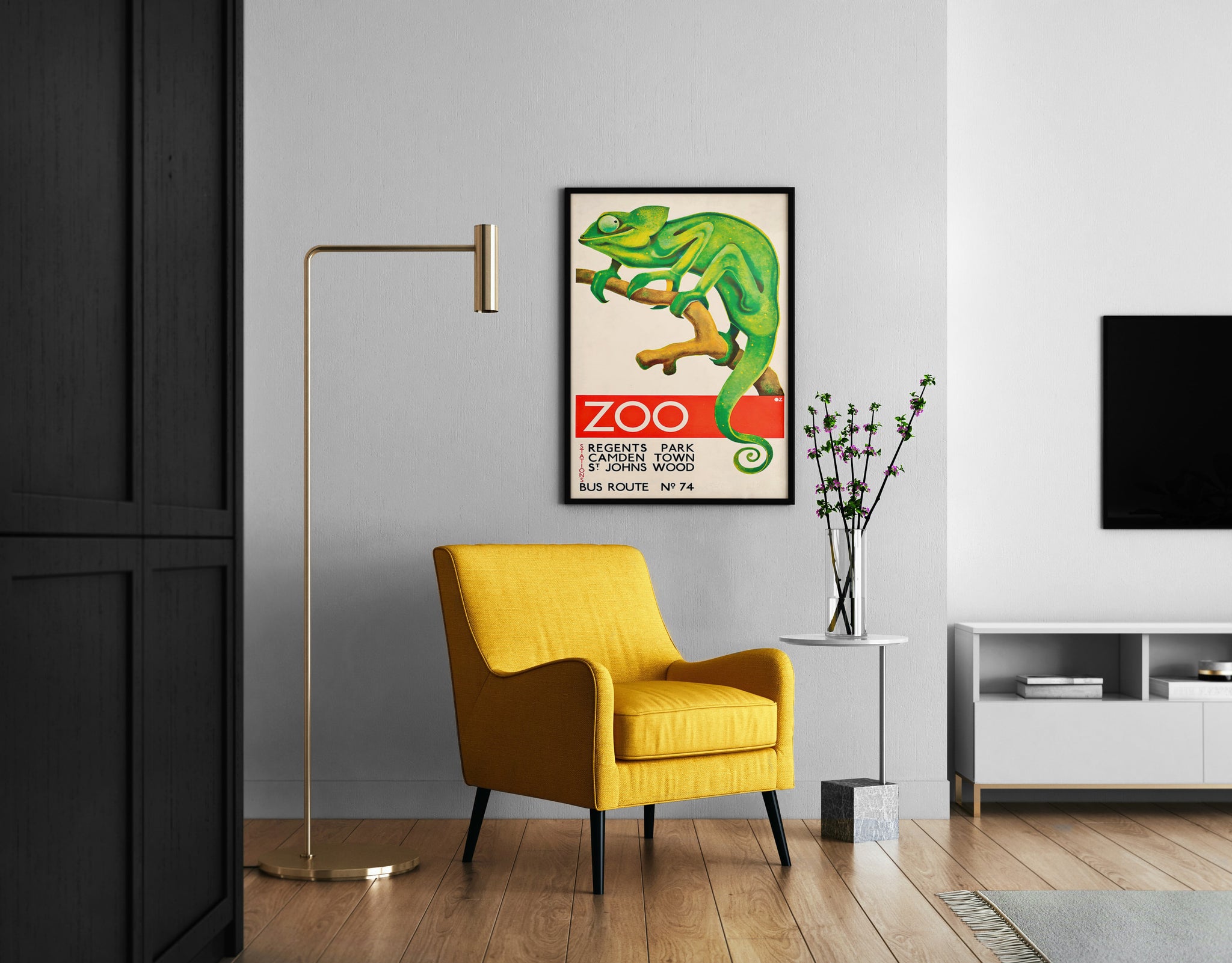 Chameleon print adding character to a modern reading corner wall