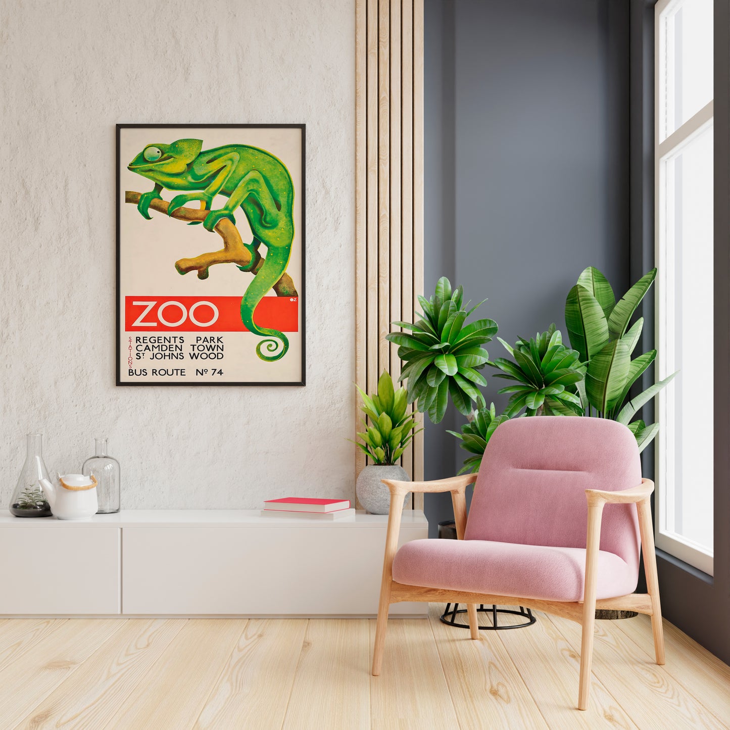 Chameleon wall art for kids room with vintage zoo poster style