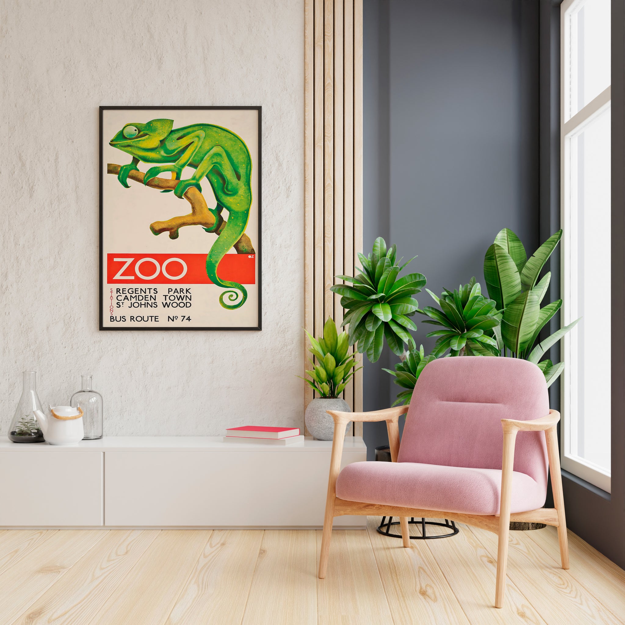 Chameleon wall art for kids room with vintage zoo poster style