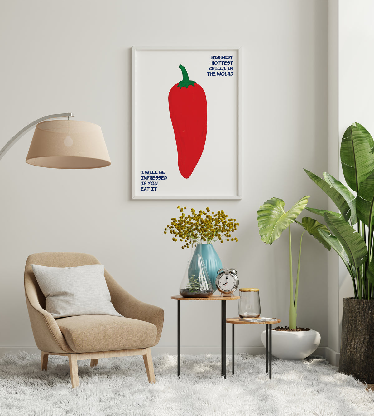 Minimalist chilli pepper print with bold red illustration and witty text in a bright interior