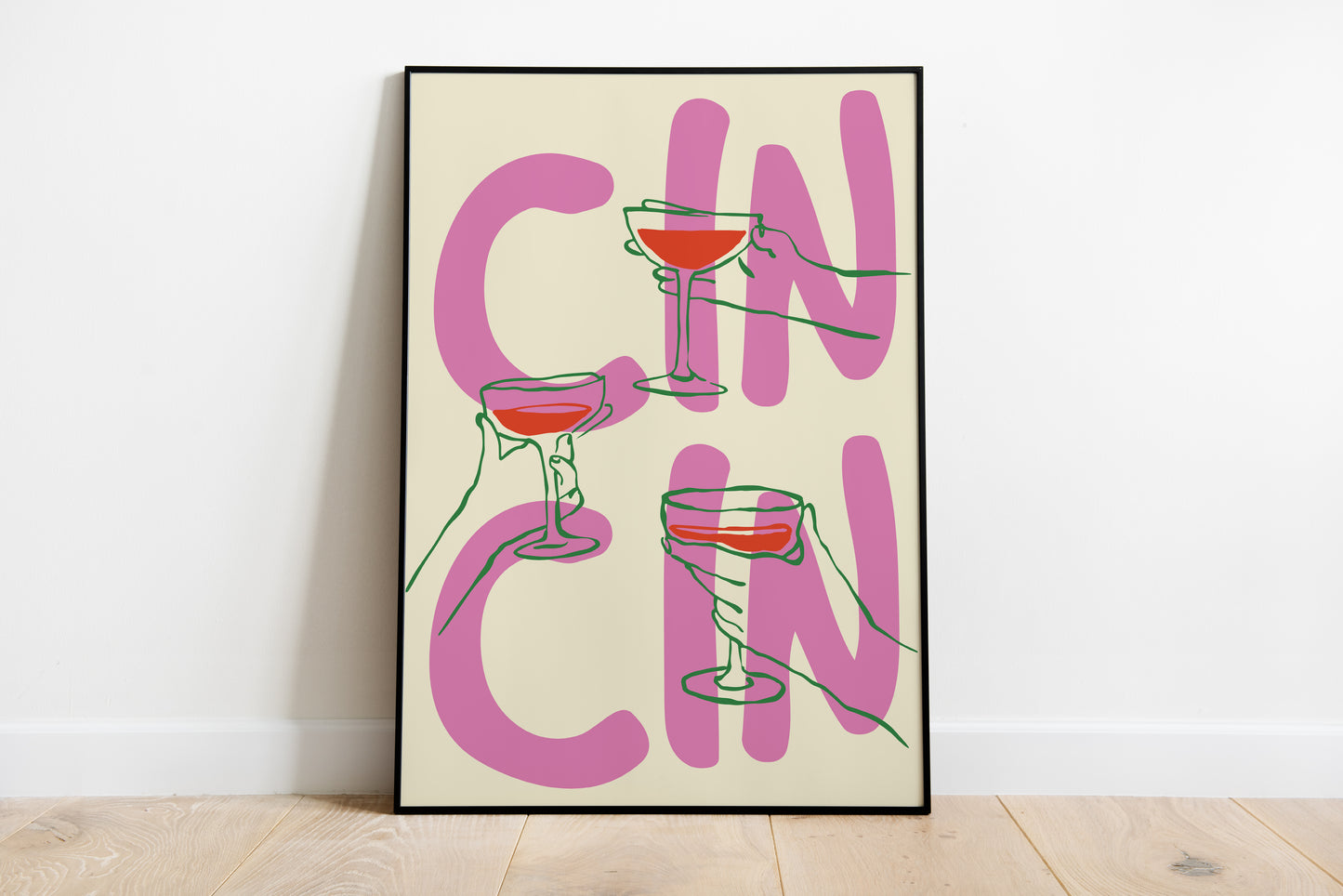 Chin Chin poster with three raised drink glasses for home bar or kitchen wall art