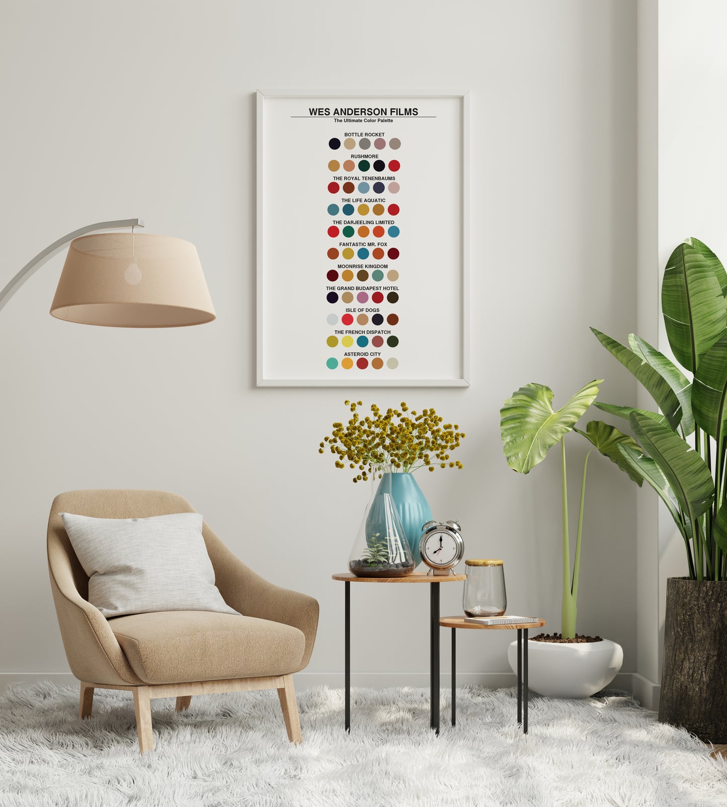 Cinema palette wall art listing iconic Wes Anderson films with coordinated color circles