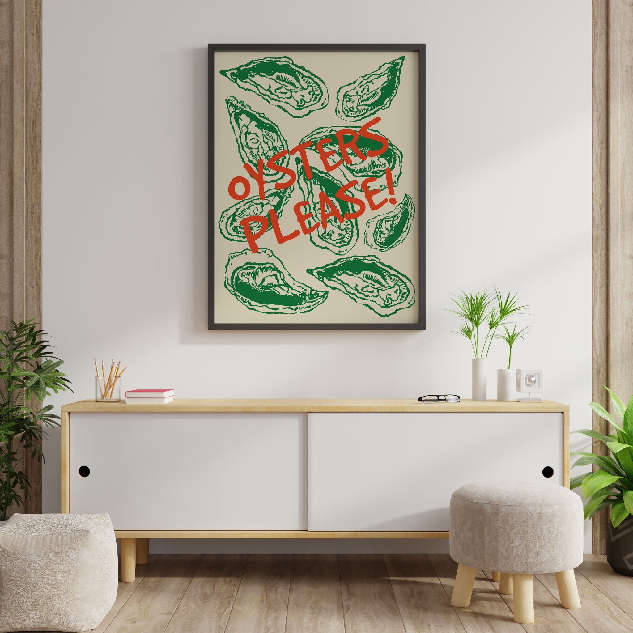 Vintage coastal seafood poster in a black frame featuring eight hand-illustrated green oysters and bold red "Oysters Please!" text in the center.