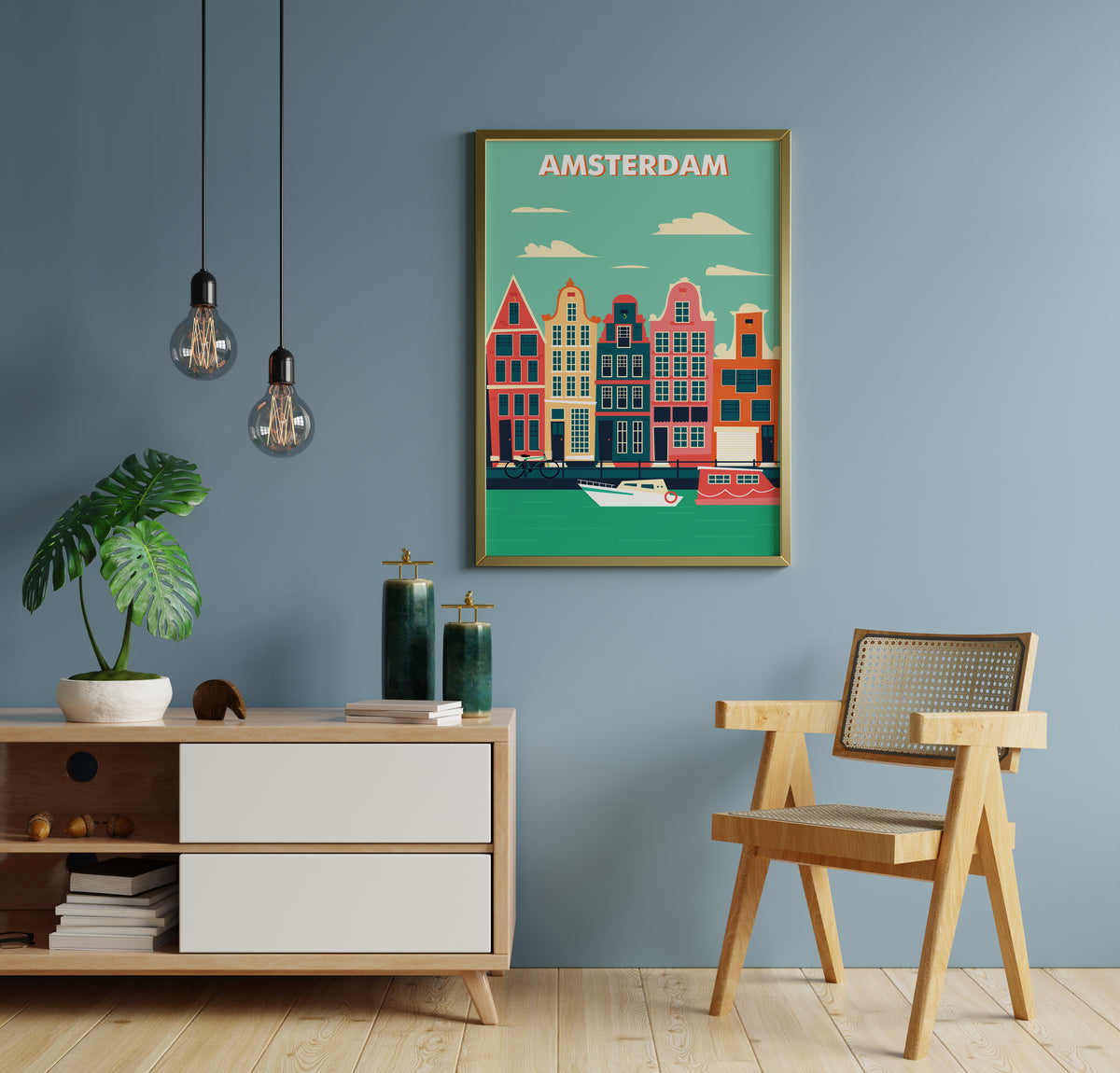 colorful amsterdam canal houses travel poster in a modern living room