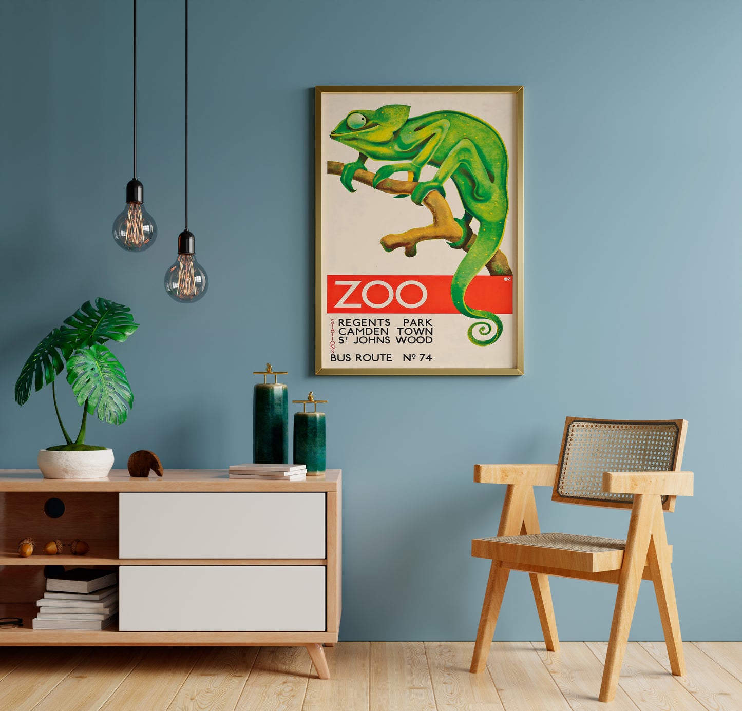 Colorful animal wall art creating contrast on a blue room wall