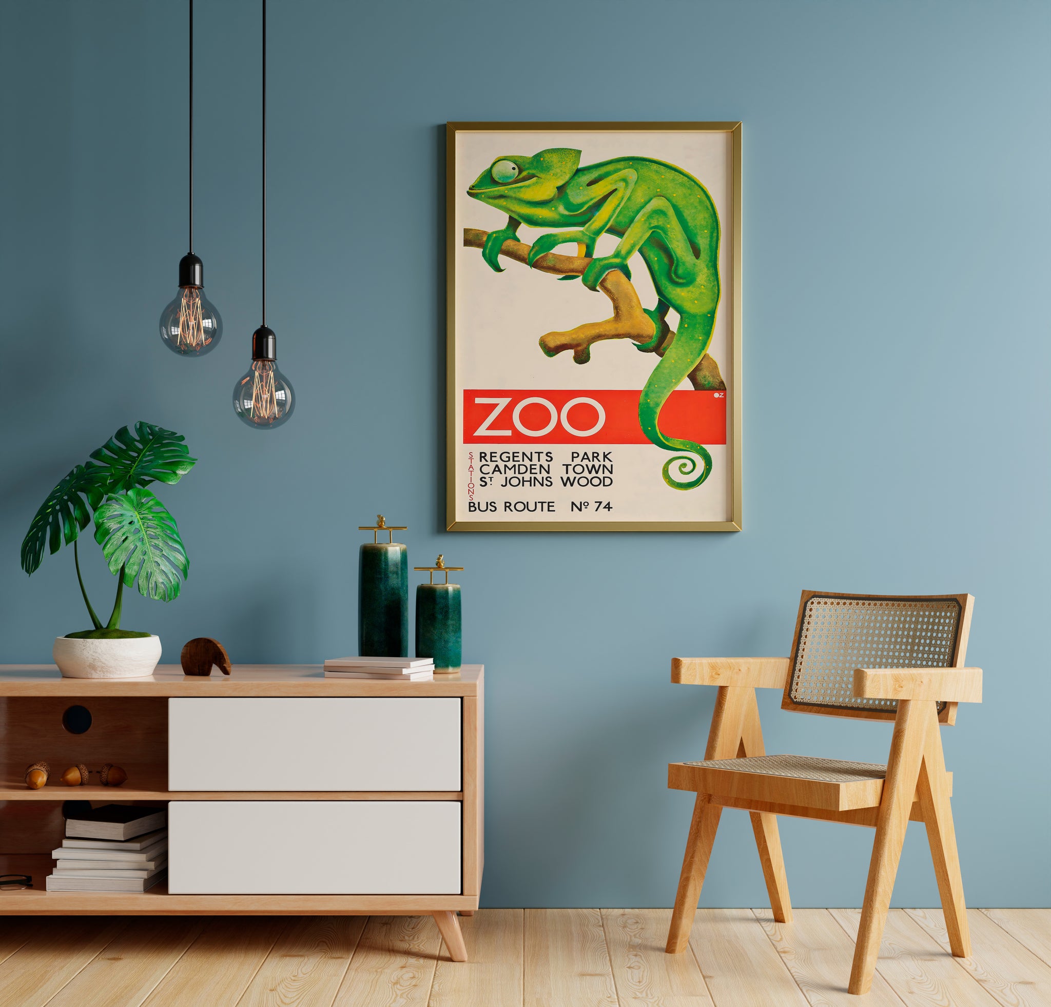 Colorful animal wall art creating contrast on a blue room wall