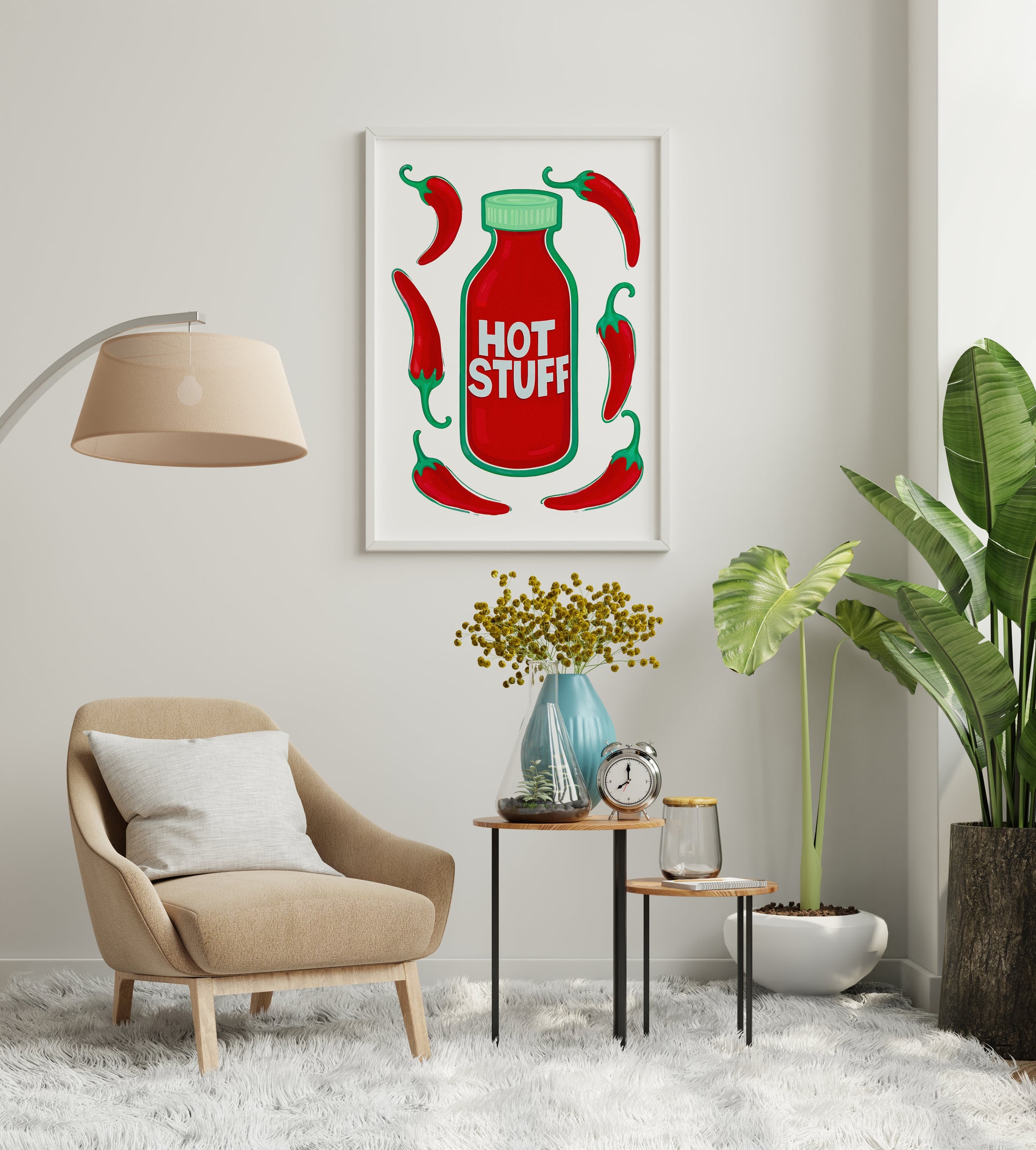 hot sauce poster on blue wall above sideboard, bold food wall art with chili peppers