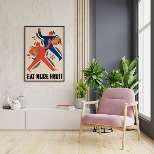 Colorful kitchen poster creating contrast on a blue interior wall