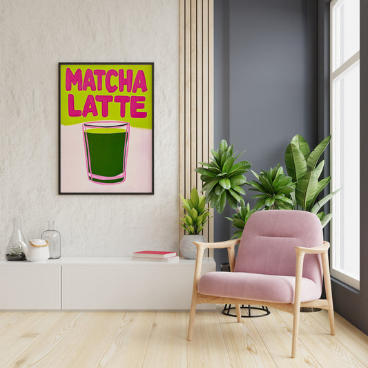 matcha latte wall art near chair and side table, playful kitchen print